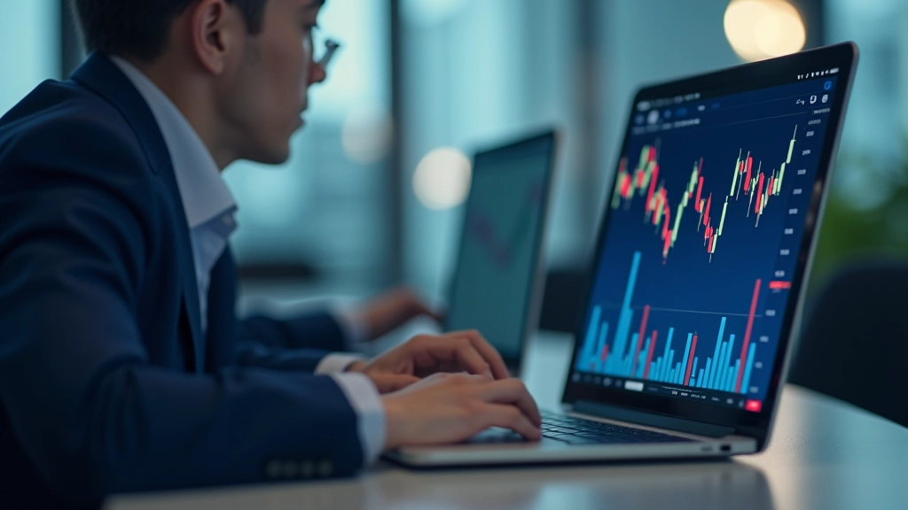 Financial analyst reviewing currency market data on multiple monitors with charts and capital flow indicators