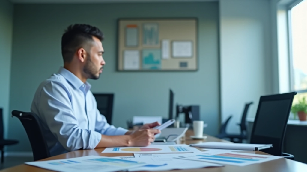 Financial analyst reviewing currency forecast reports and economic data at desk