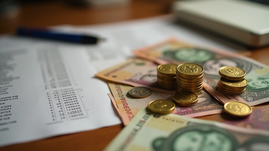 Malaysian currency ringgit banknotes and coins displayed on desk