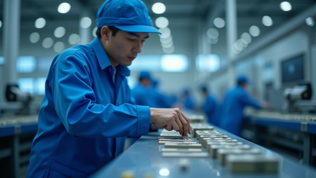 Manufacturing worker inspecting precision-made industrial components on assembly line in modern factory setting