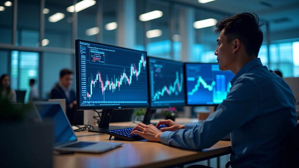 Multi-monitor trading setup displaying historical currency charts with technical analysis patterns highlighted in different colors