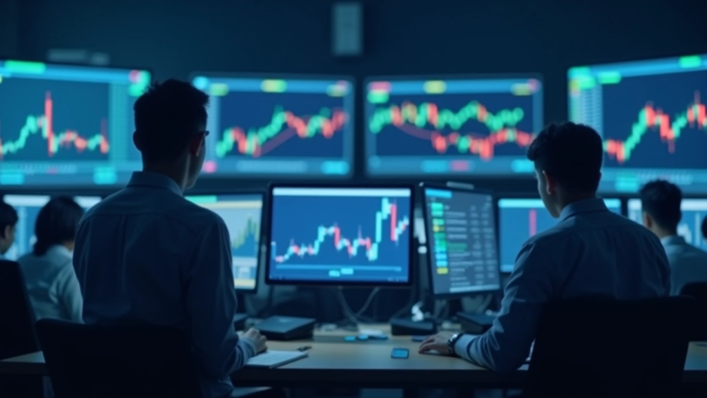 Central bank trading floor with multiple monitors displaying currency exchange rates and market data